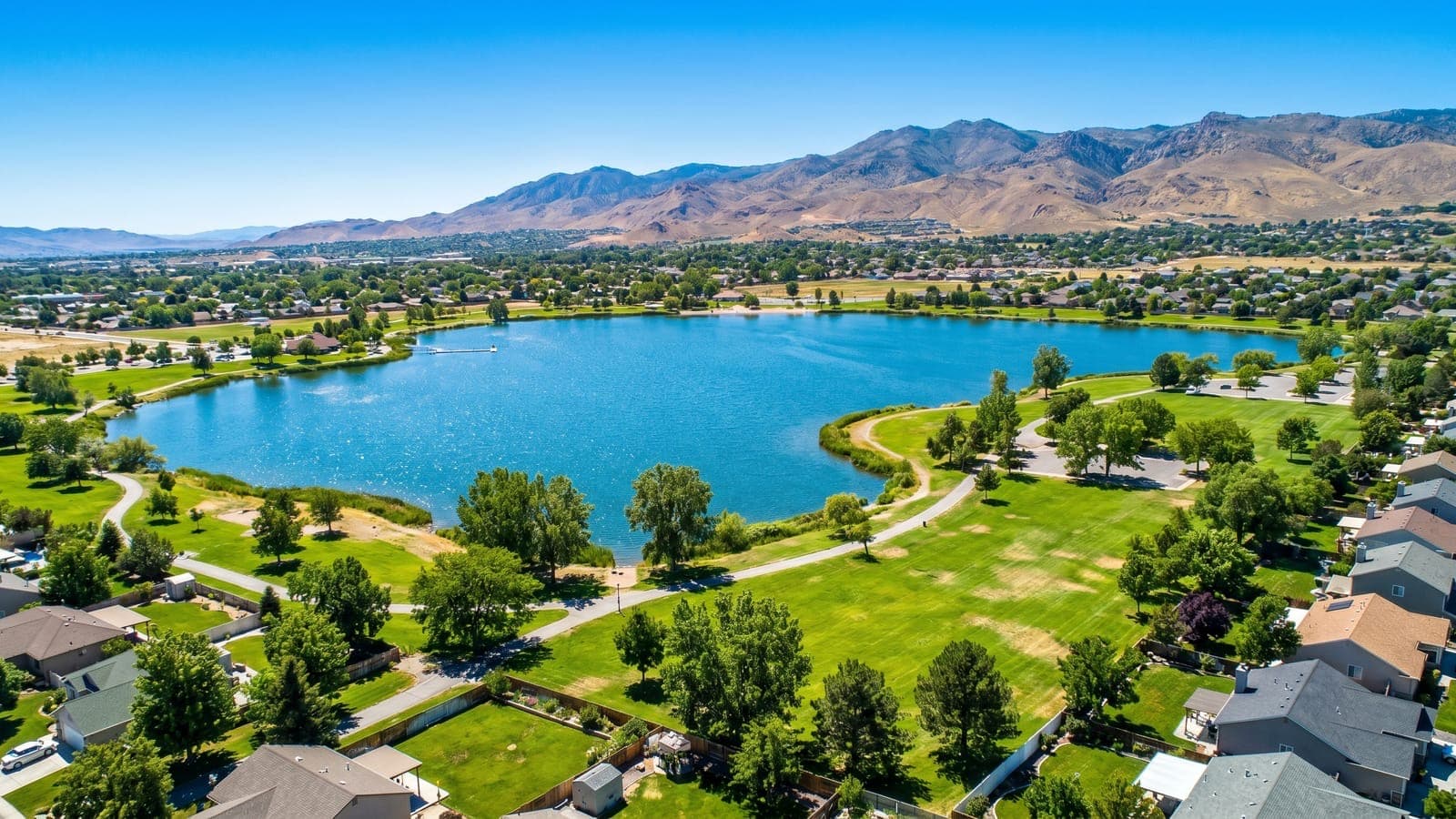 Modern condominium building with mountain views in Sparks, Nevada near the Truckee River